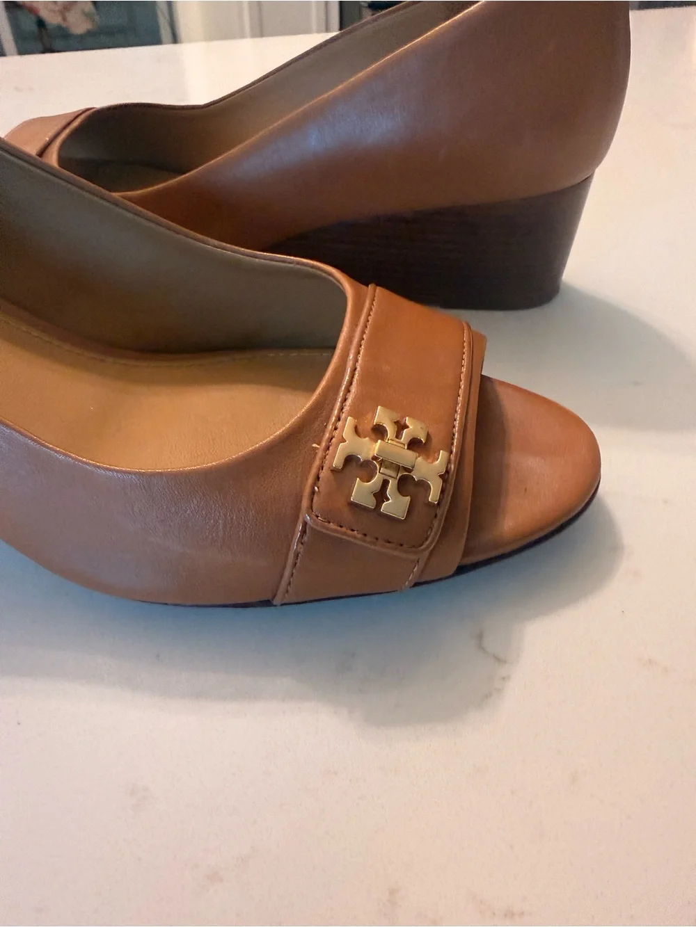 Tory Burch Kira Open Toe Wedge in Tan